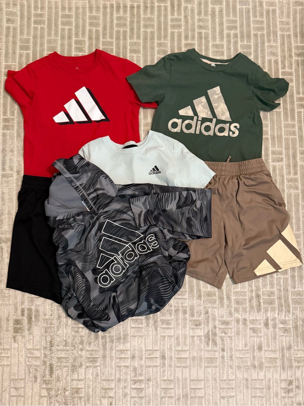 adidas Kids Athletic Tee & Shorts Set in Red, Green, Light Blue, Black & Tan